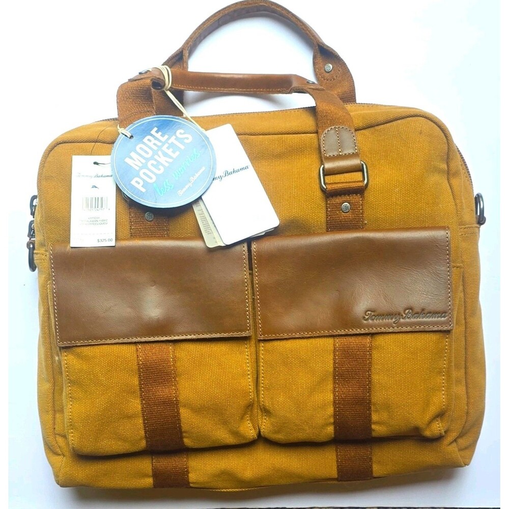 Tommy Bahama Relax Canvas Leather Messenger Bag Brown Tan 15in Adj Strap Pockets